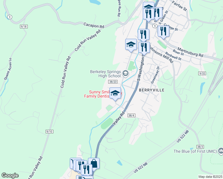 map of restaurants, bars, coffee shops, grocery stores, and more near 8 John Street in Berkeley Springs