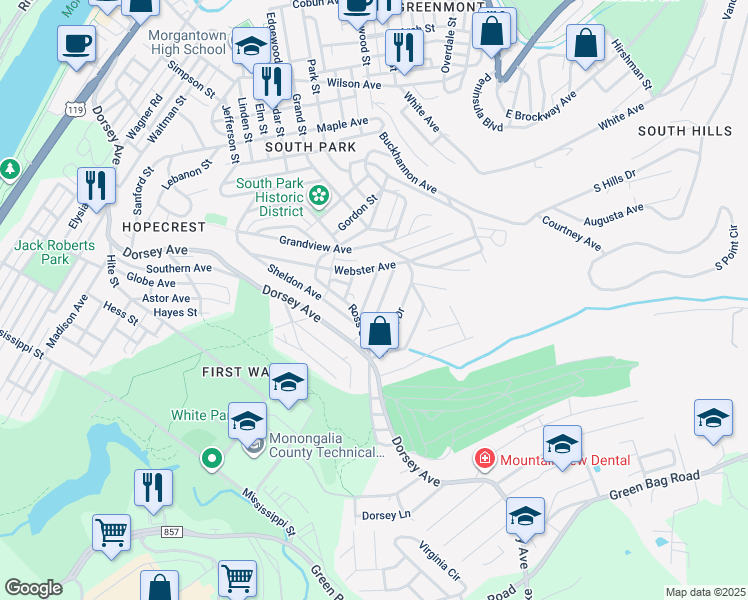 map of restaurants, bars, coffee shops, grocery stores, and more near 153 Summers Street in Morgantown