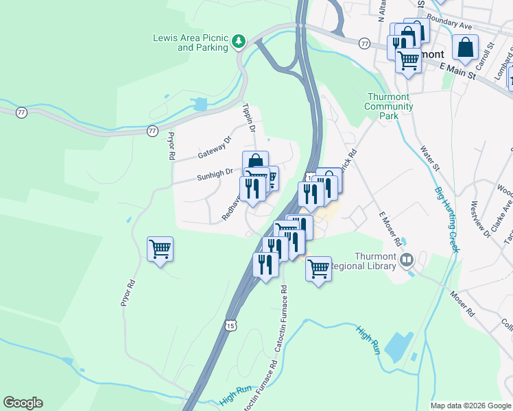map of restaurants, bars, coffee shops, grocery stores, and more near 215 Tippin Drive in Thurmont