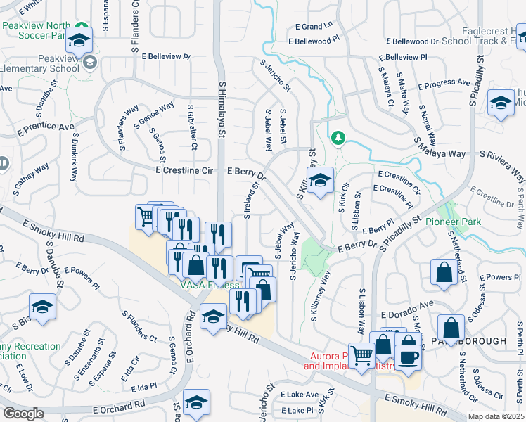 map of restaurants, bars, coffee shops, grocery stores, and more near 20395 East Berry Place in Centennial
