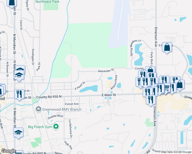 map of restaurants, bars, coffee shops, grocery stores, and more near 672 Hawk Court in Greenwood