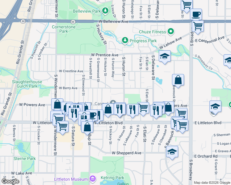 map of restaurants, bars, coffee shops, grocery stores, and more near 831 West Powers Drive in Littleton