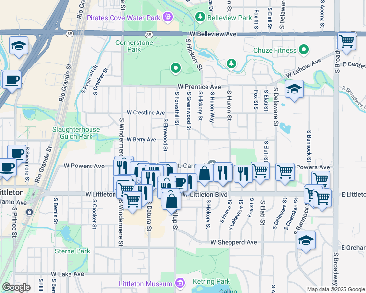 map of restaurants, bars, coffee shops, grocery stores, and more near 5528 South Foresthill Street in Littleton