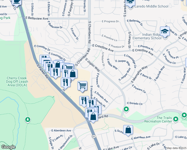map of restaurants, bars, coffee shops, grocery stores, and more near 5458 South Hannibal Way in Centennial