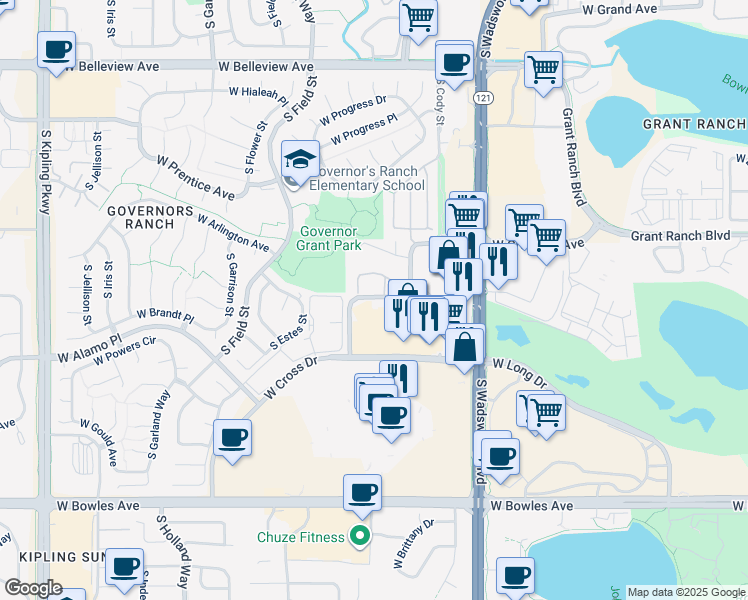 map of restaurants, bars, coffee shops, grocery stores, and more near 8698 West Berry Avenue in Denver