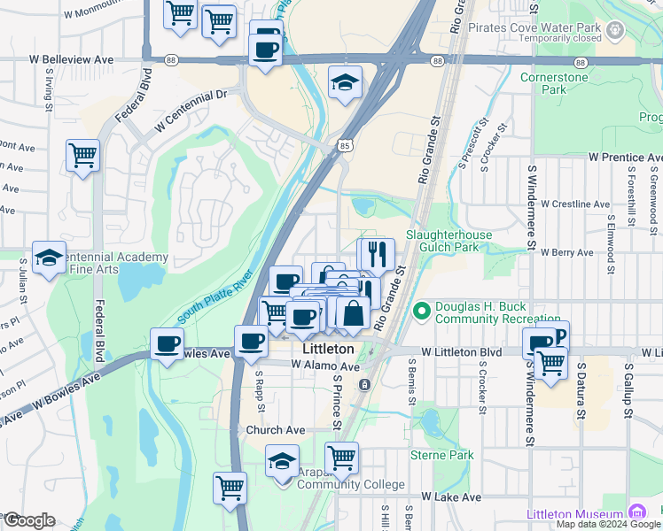 map of restaurants, bars, coffee shops, grocery stores, and more near 5523 South Prince Street in Littleton