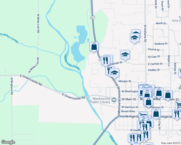 map of restaurants, bars, coffee shops, grocery stores, and more near 504 Churchill Drive in Mooresville