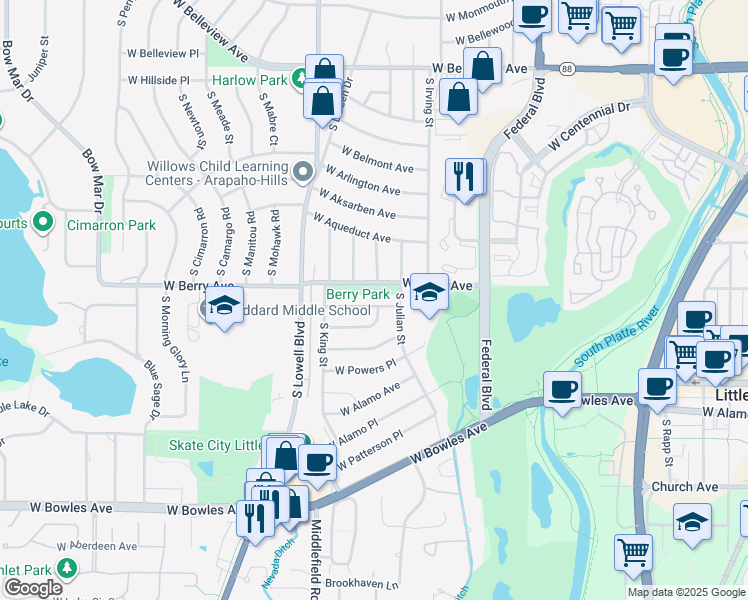 map of restaurants, bars, coffee shops, grocery stores, and more near 3469 West Berry Place in Littleton