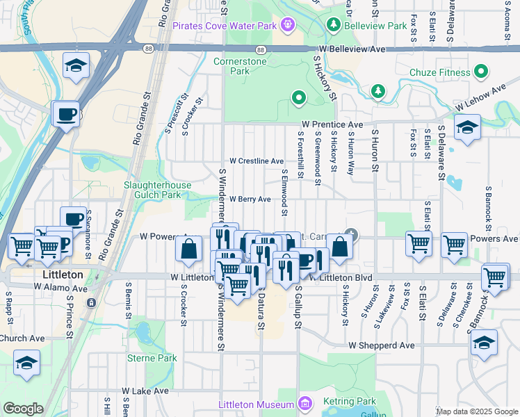 map of restaurants, bars, coffee shops, grocery stores, and more near 5523 South Datura Street in Littleton
