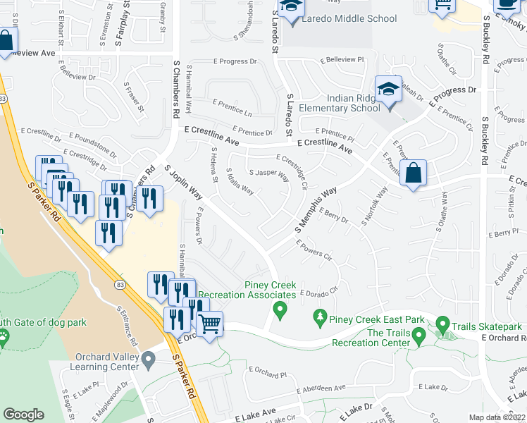 map of restaurants, bars, coffee shops, grocery stores, and more near 5493 South Idalia Way in Centennial