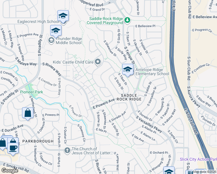 map of restaurants, bars, coffee shops, grocery stores, and more near 5516 South Sicily Street in Aurora