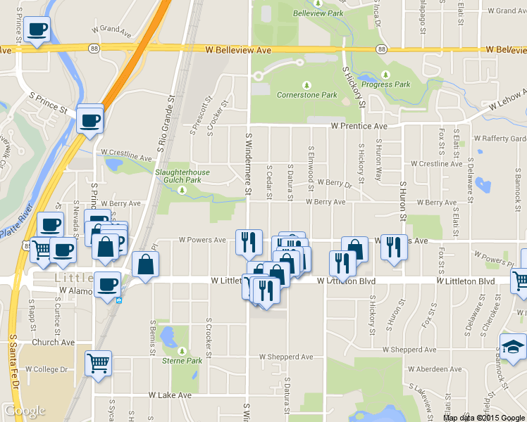 map of restaurants, bars, coffee shops, grocery stores, and more near 5521 South Cedar Street in Littleton