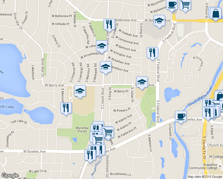 map of restaurants, bars, coffee shops, grocery stores, and more near 3529 West Berry Place in Littleton