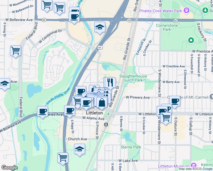 map of restaurants, bars, coffee shops, grocery stores, and more near 5510 South Sycamore Street in Littleton