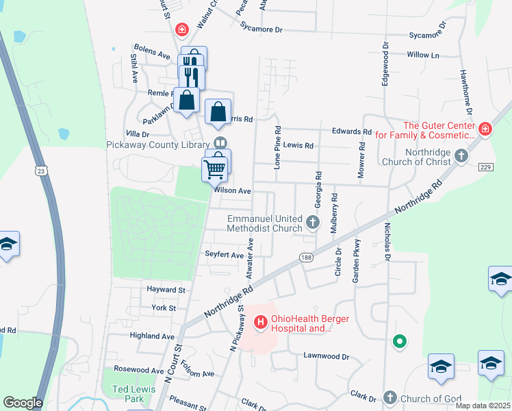map of restaurants, bars, coffee shops, grocery stores, and more near 1040 Atwater Avenue in Circleville