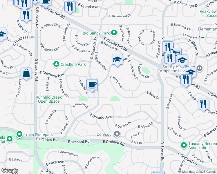map of restaurants, bars, coffee shops, grocery stores, and more near 5532 South Telluride Court in Centennial