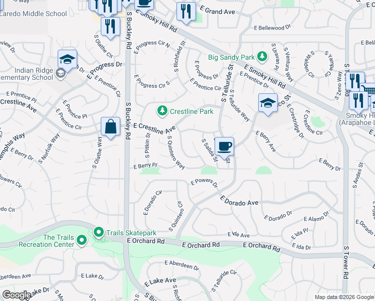 map of restaurants, bars, coffee shops, grocery stores, and more near 5481 South Richfield Way in Centennial