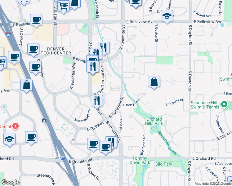map of restaurants, bars, coffee shops, grocery stores, and more near 5565 South Yosemite Street in Greenwood Village