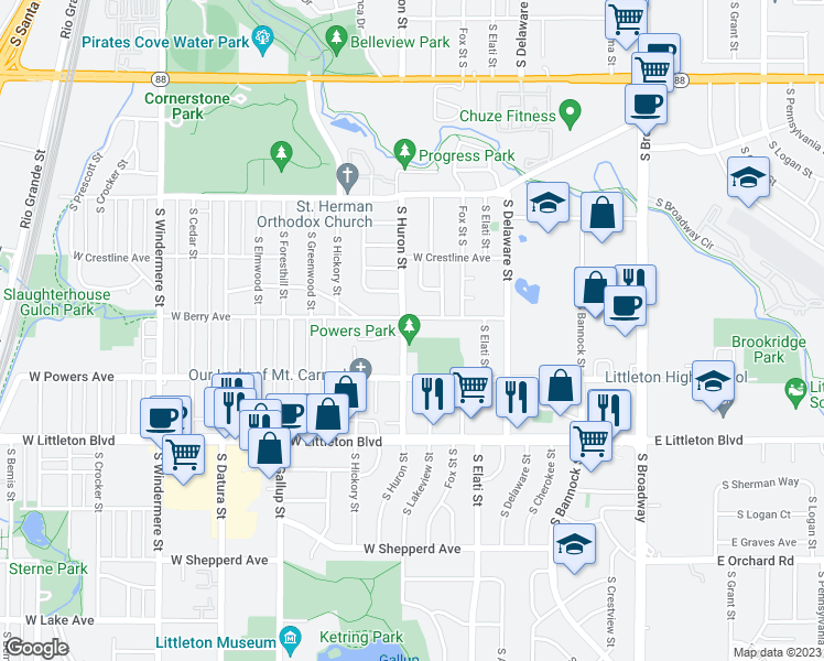 map of restaurants, bars, coffee shops, grocery stores, and more near 5504 South Huron Street in Littleton