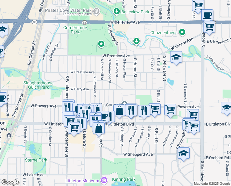 map of restaurants, bars, coffee shops, grocery stores, and more near 5514 South Greenwood Street in Littleton