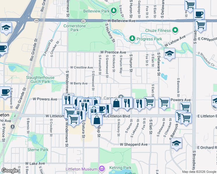map of restaurants, bars, coffee shops, grocery stores, and more near 5514 South Greenwood Street in Littleton