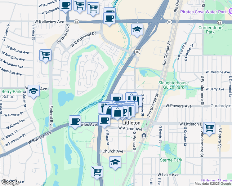 map of restaurants, bars, coffee shops, grocery stores, and more near 5401-5531 South Santa Fe Drive in Littleton