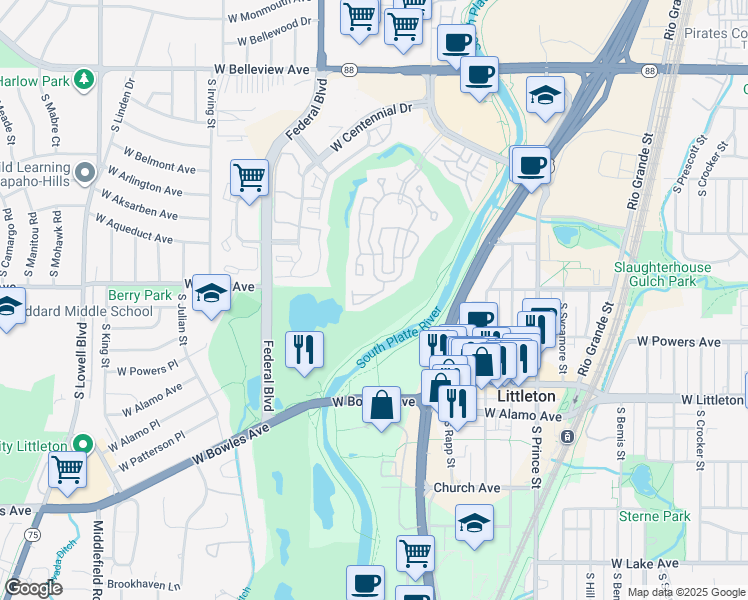 map of restaurants, bars, coffee shops, grocery stores, and more near 2763 West Riverwalk Circle in Littleton