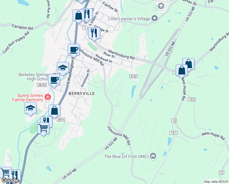 map of restaurants, bars, coffee shops, grocery stores, and more near 389 Johnsons Mill Road in Berkeley Springs