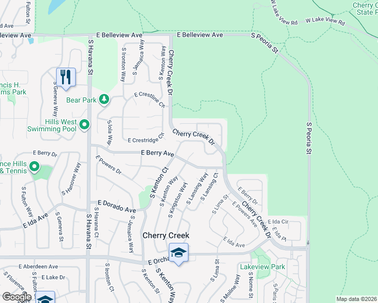 map of restaurants, bars, coffee shops, grocery stores, and more near 5515 South Kenton Way in Englewood