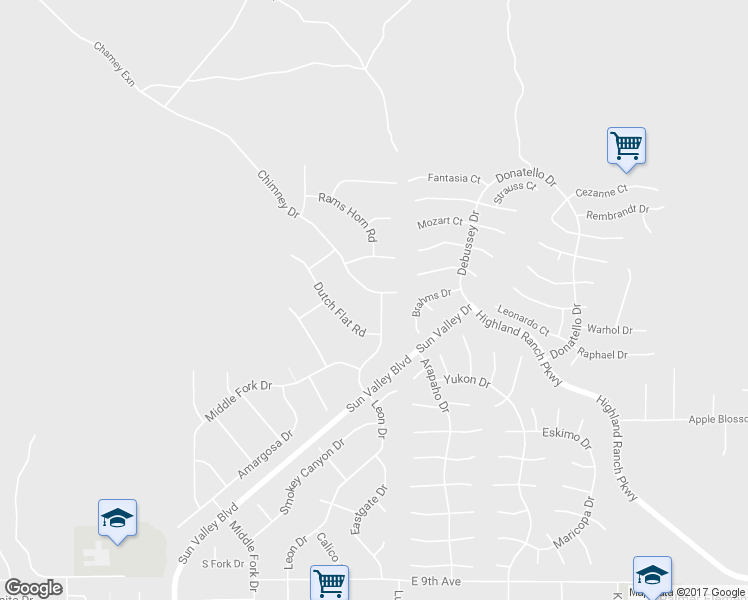 map of restaurants, bars, coffee shops, grocery stores, and more near 6260 Chimney Drive in Sun Valley