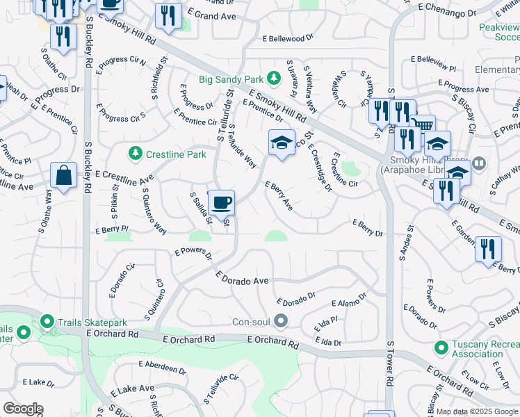 map of restaurants, bars, coffee shops, grocery stores, and more near 5532 South Telluride Court in Centennial