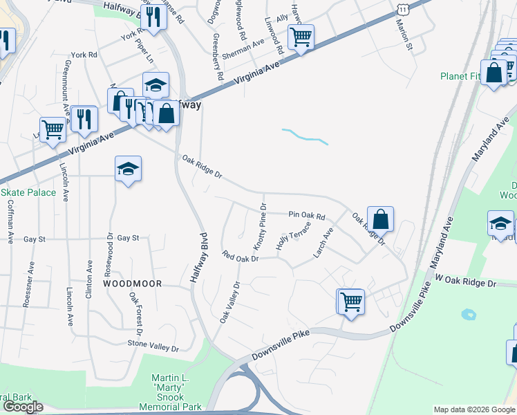 map of restaurants, bars, coffee shops, grocery stores, and more near 10936 Knotty Pine Drive in Hagerstown