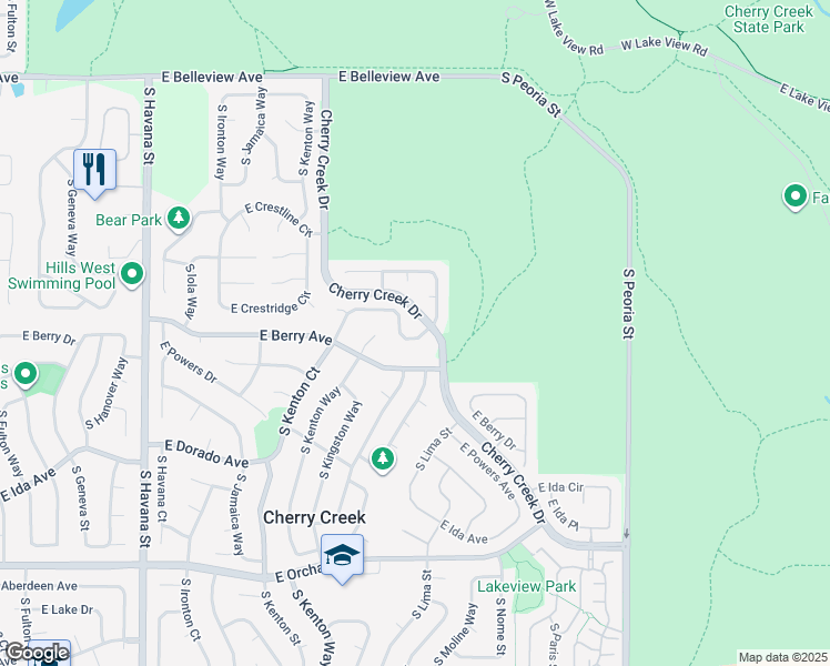 map of restaurants, bars, coffee shops, grocery stores, and more near 11427 East Berry Drive in Englewood