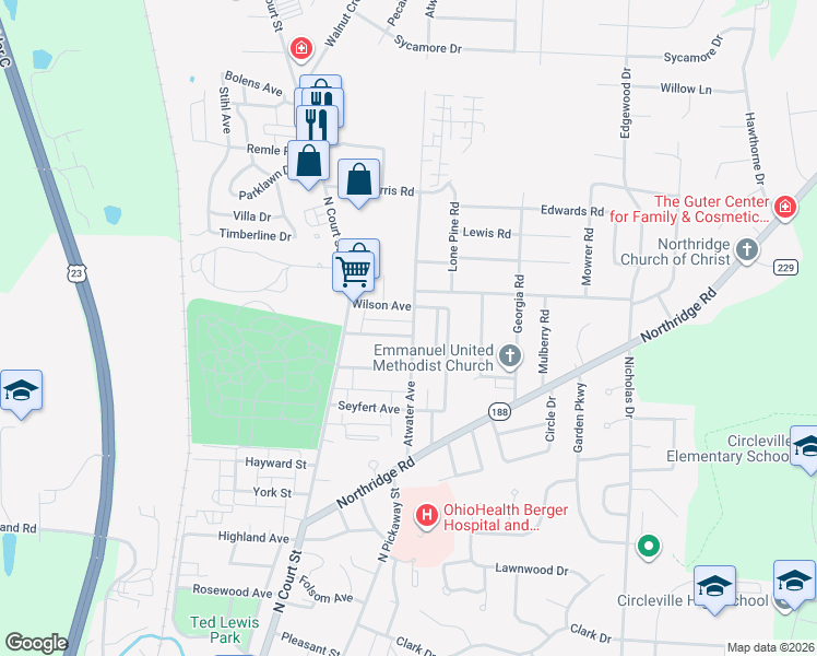 map of restaurants, bars, coffee shops, grocery stores, and more near 1040 Atwater Avenue in Circleville