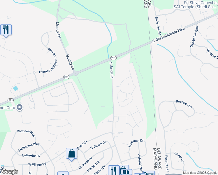 map of restaurants, bars, coffee shops, grocery stores, and more near 333 Delancy Road in Elkton