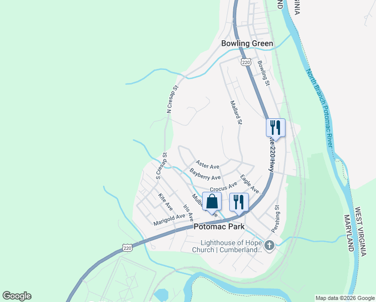 map of restaurants, bars, coffee shops, grocery stores, and more near 11911 Aster Avenue in Cumberland