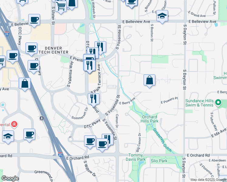 map of restaurants, bars, coffee shops, grocery stores, and more near 5565 South Yosemite Street in Greenwood Village
