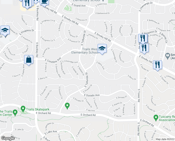 map of restaurants, bars, coffee shops, grocery stores, and more near 5490 South Waco Street in Centennial