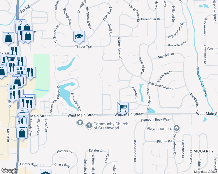 map of restaurants, bars, coffee shops, grocery stores, and more near 1353 Westridge Court in Greenwood