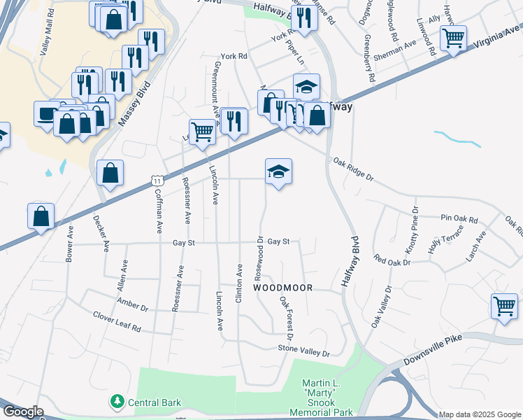 map of restaurants, bars, coffee shops, grocery stores, and more near 11020 Rosewood Drive in Hagerstown