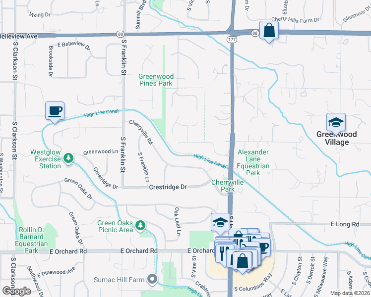 map of restaurants, bars, coffee shops, grocery stores, and more near 16 Cottonwood Lane in Greenwood Village