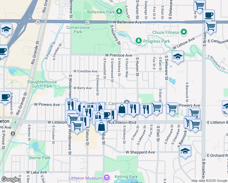map of restaurants, bars, coffee shops, grocery stores, and more near 5514 South Greenwood Street in Littleton