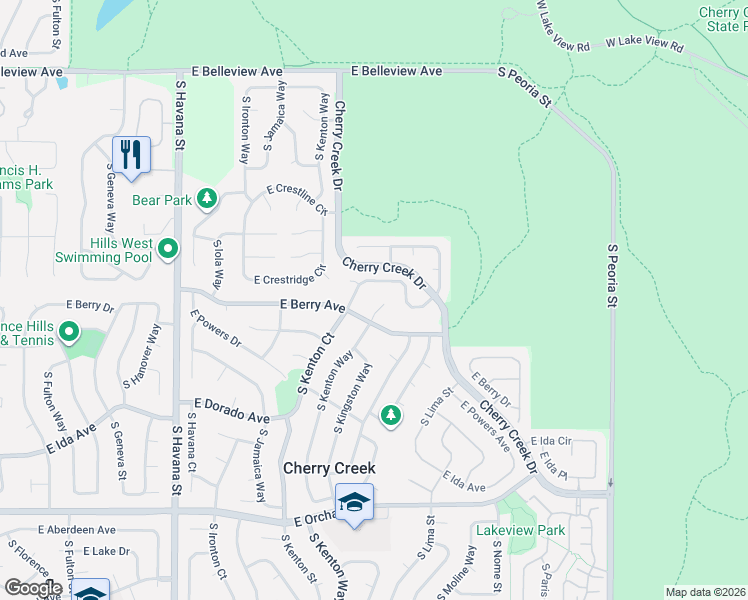 map of restaurants, bars, coffee shops, grocery stores, and more near 5515 South Kenton Way in Englewood