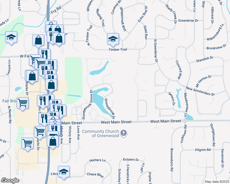 map of restaurants, bars, coffee shops, grocery stores, and more near 231 Lake Point Lane North in Greenwood