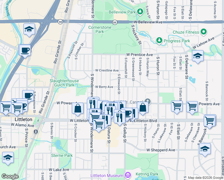 map of restaurants, bars, coffee shops, grocery stores, and more near 5523 South Datura Street in Littleton