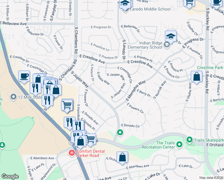 map of restaurants, bars, coffee shops, grocery stores, and more near 5493 South Idalia Way in Centennial