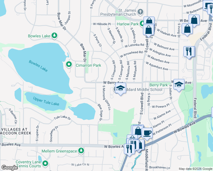 map of restaurants, bars, coffee shops, grocery stores, and more near 5500 South Morning Glory Lane in Littleton