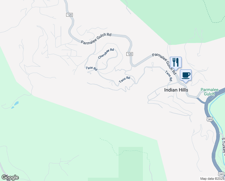map of restaurants, bars, coffee shops, grocery stores, and more near 21597 Taos Road in Indian Hills