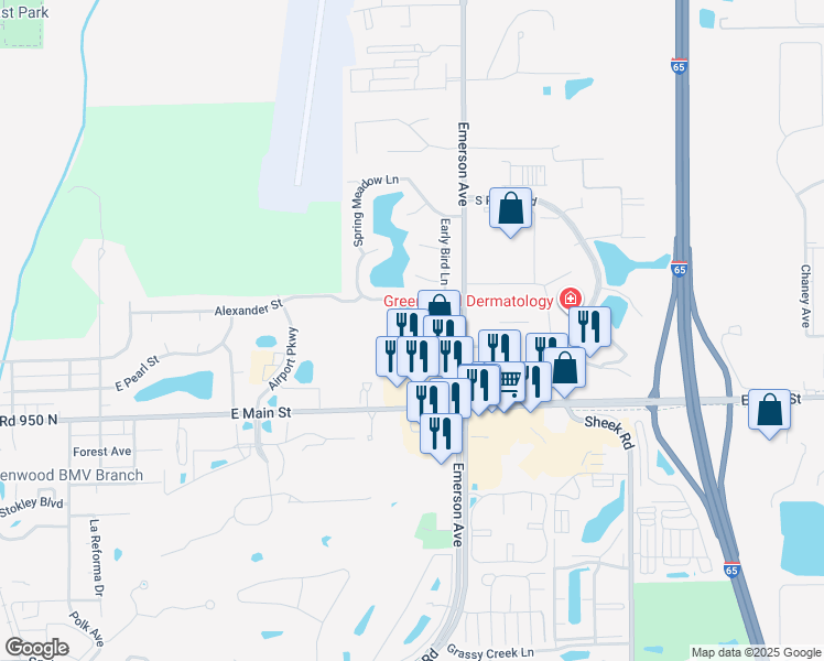 map of restaurants, bars, coffee shops, grocery stores, and more near 122c Mountain Aire Drive in Greenwood