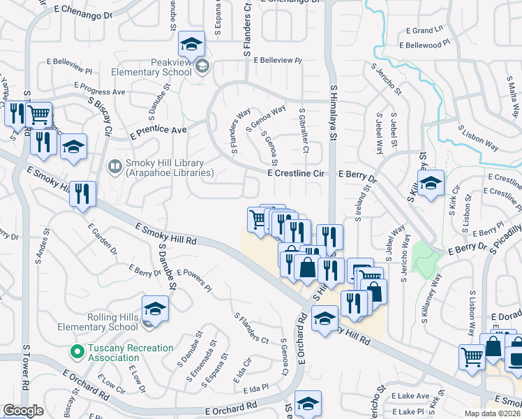 map of restaurants, bars, coffee shops, grocery stores, and more near 19723 East Garden Drive in Centennial